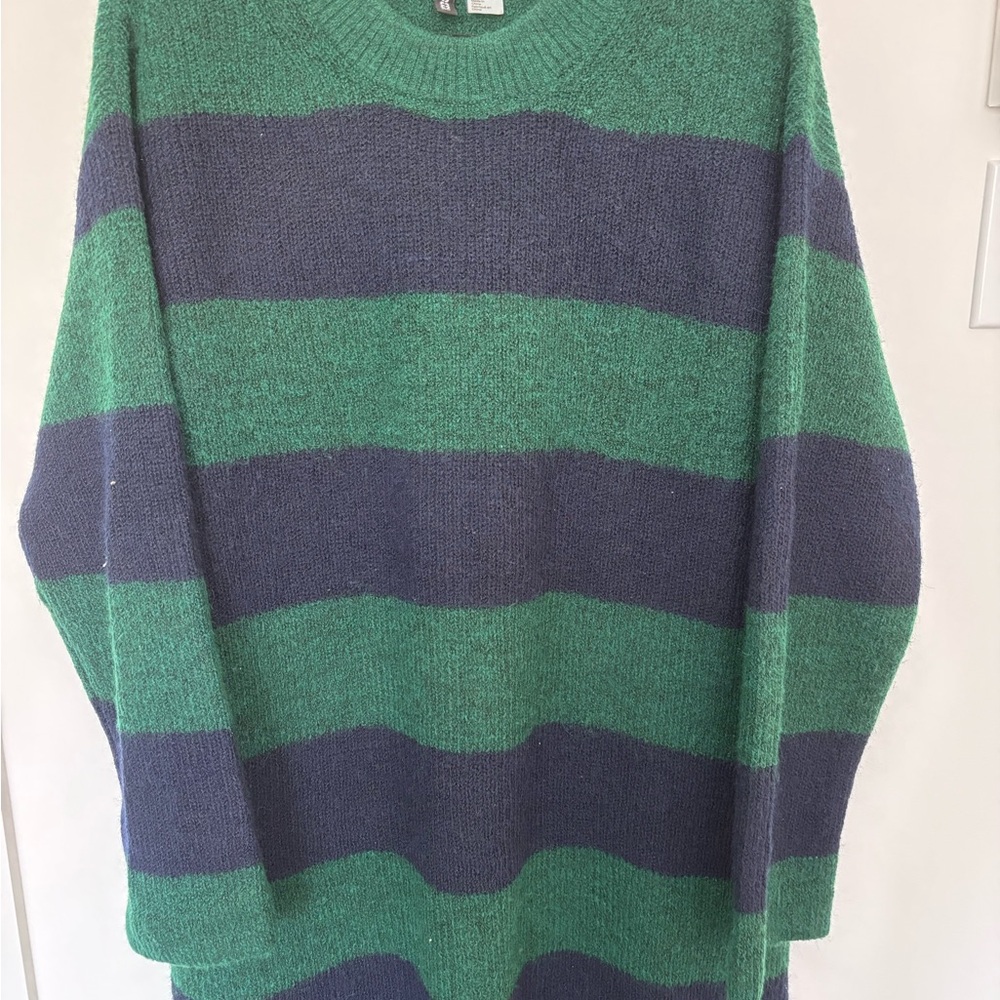 Divided Green and Gray Striped Crewneck Sweater